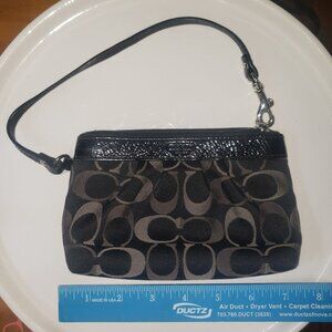 Coach Black Signature Wristlet Clutch Purse Monogram Fabric Black Patent Leather